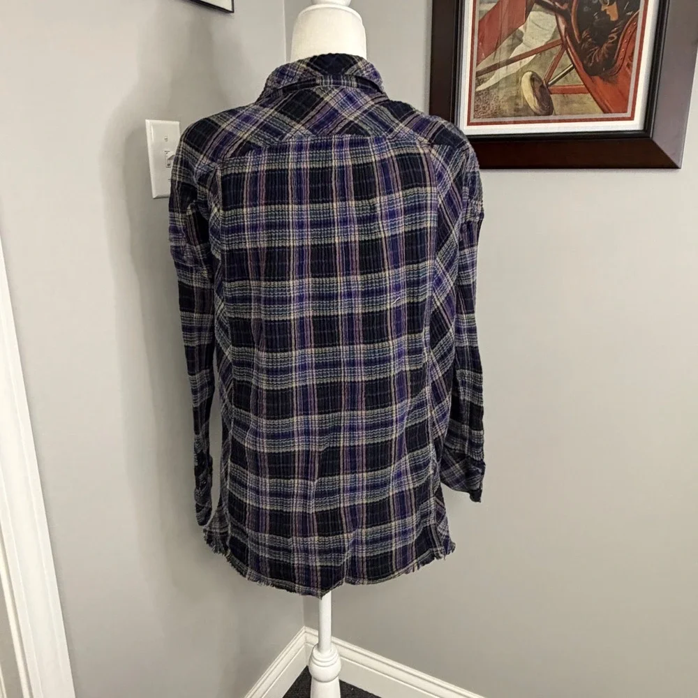 Free People Purple Plaid Grommet Detail Frayed Hem Cotton Shirt Small